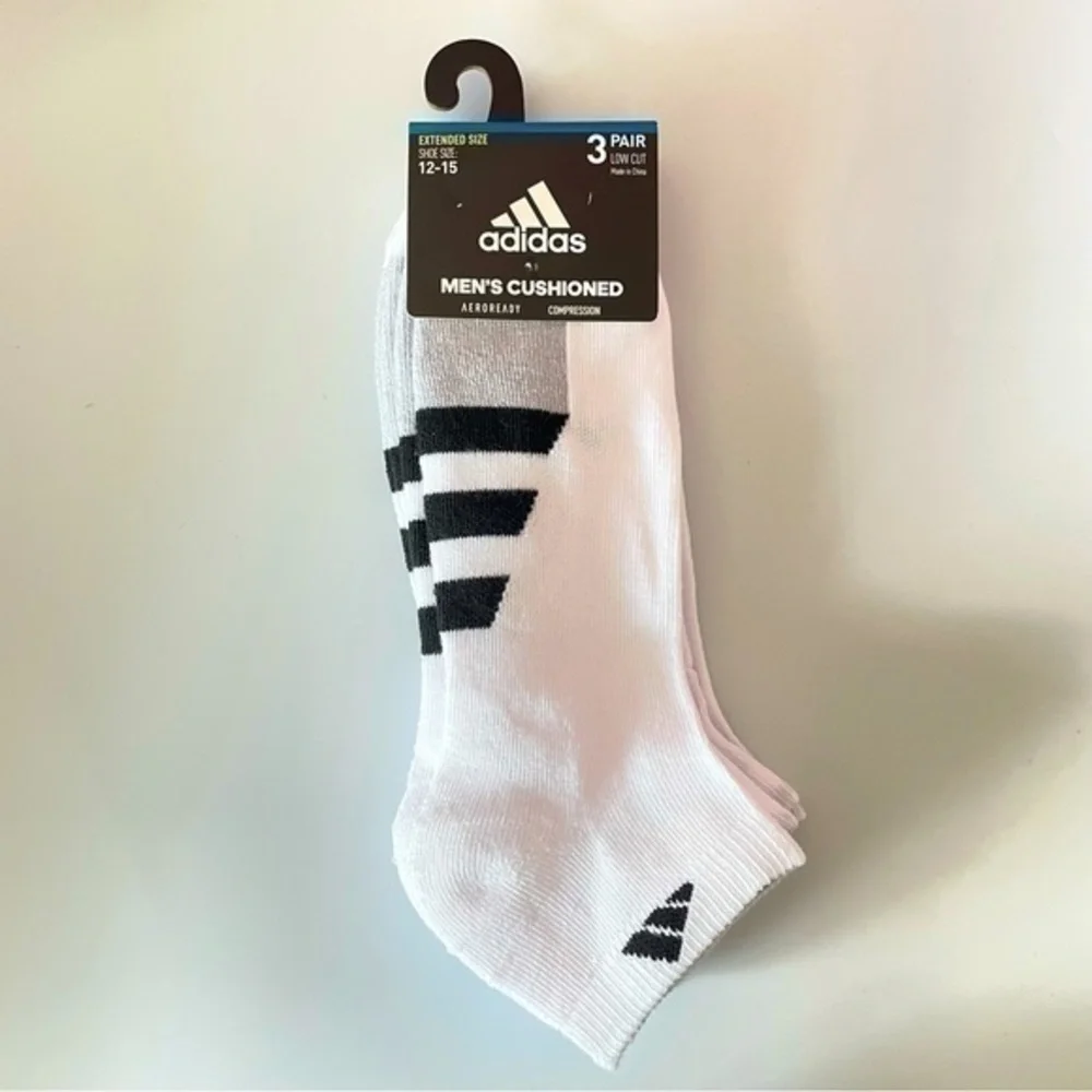 Adidas men’s low cut socks 3 pack size 12-15 white black gray
